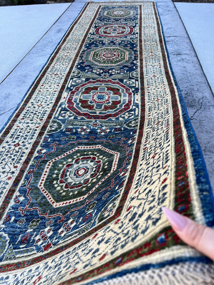 3x10 (90x305) Handmade Afghan Runner Rug | Jean Blue Teal Ivory Cream Beige Red Grey Fern Seaweed Green | Turkish Moroccan Oriental Wool