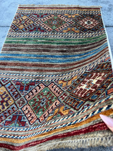 3x4 (90x120) Handmade Afghan Rug | Charcoal Grey Orange Teal Red Orange Ivory Blue Chocolate Brown Black Turquoise | Tribal Wool Boho