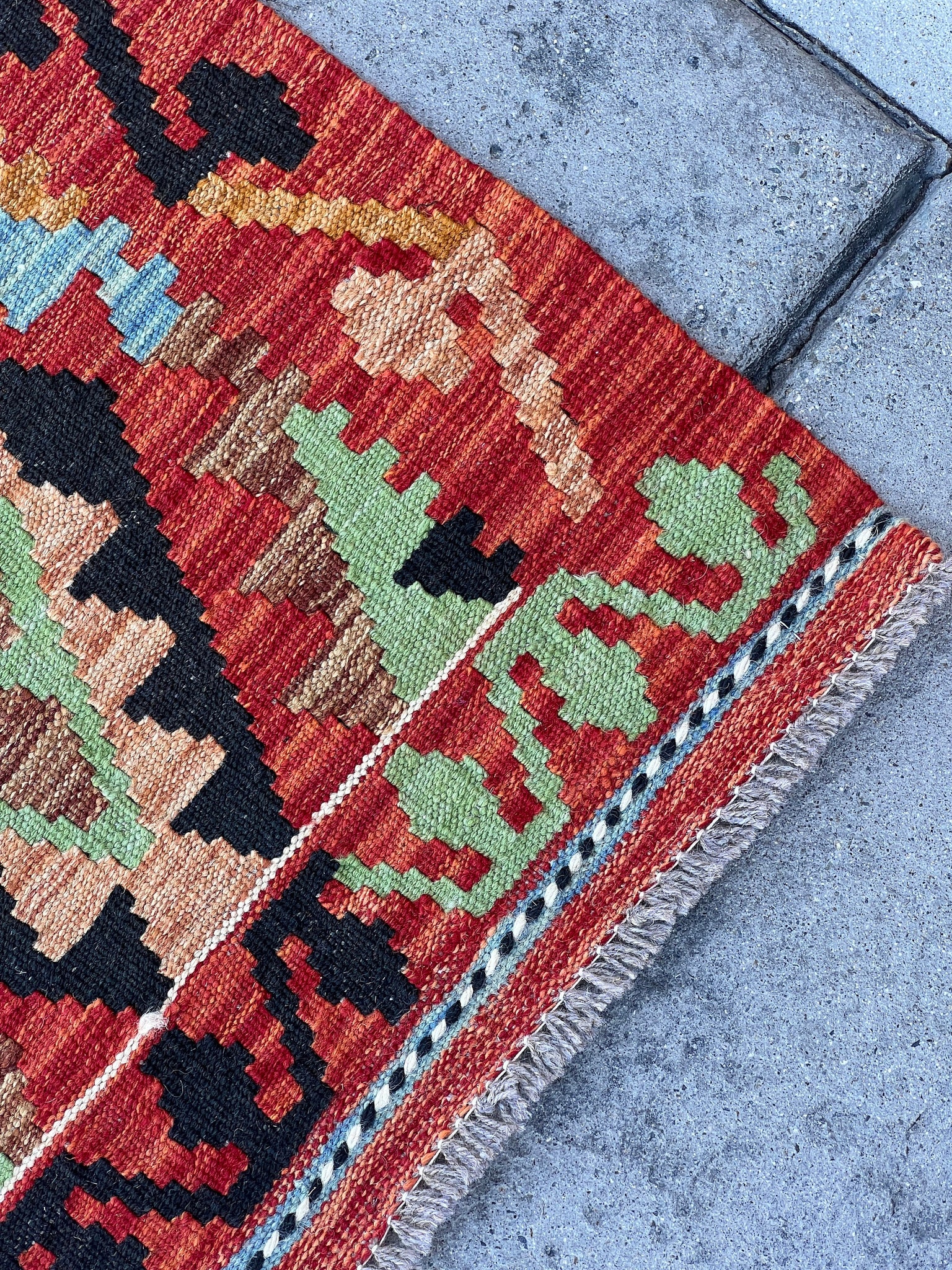 3x10 (90x305) Handmade Afghan Kilim Runner Rug | Red Sky Blue Chocolate Brown Olive Green Orange | Flat Weave Turkish Moroccan Oriental Wool