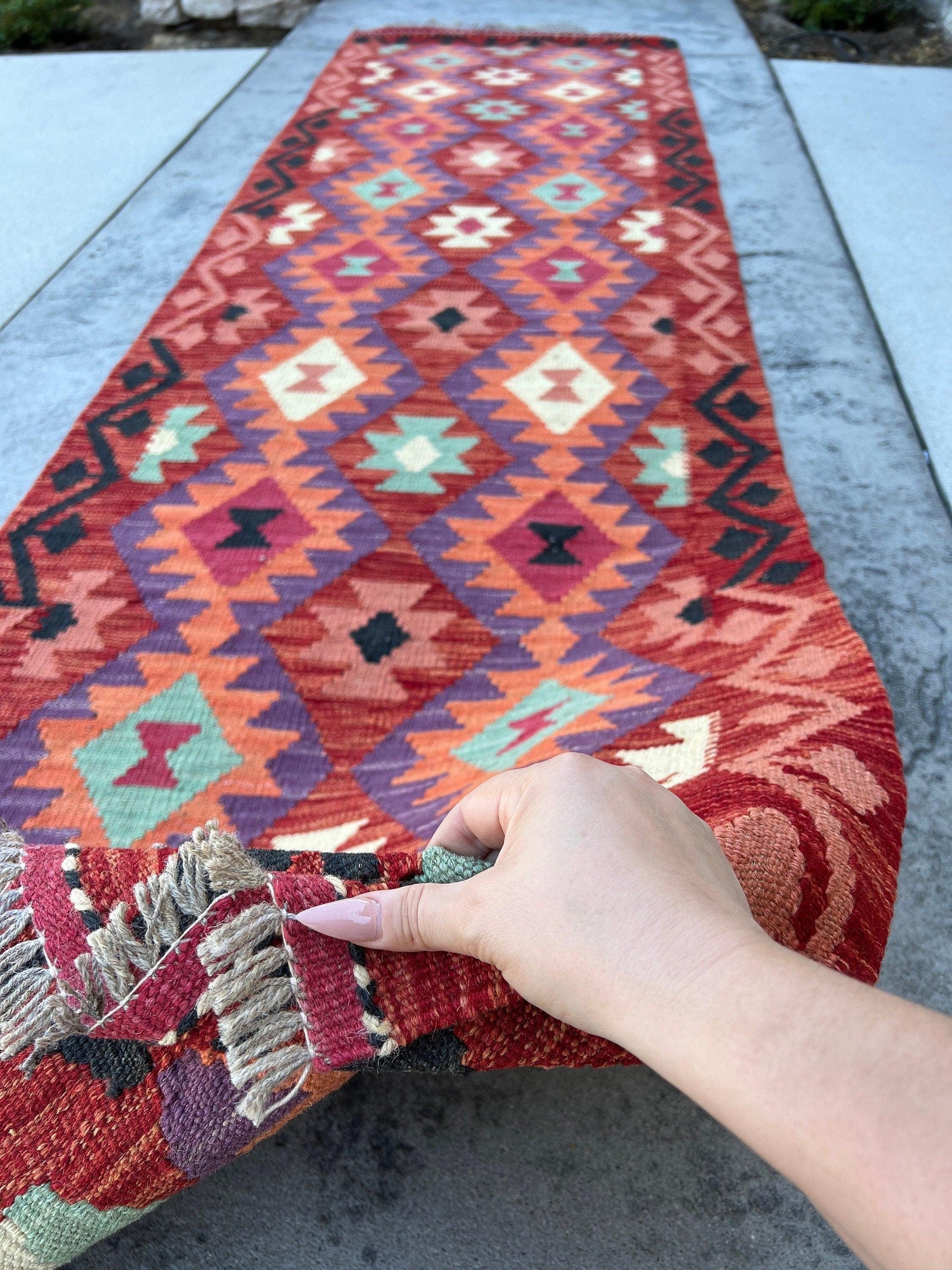 3x10 (90x305) Handmade Afghan Kilim Runner Rug | Brick Red Sage Green Eggplant Purple Burnt Orange Salmon Pink Black Teal Ivory Cream