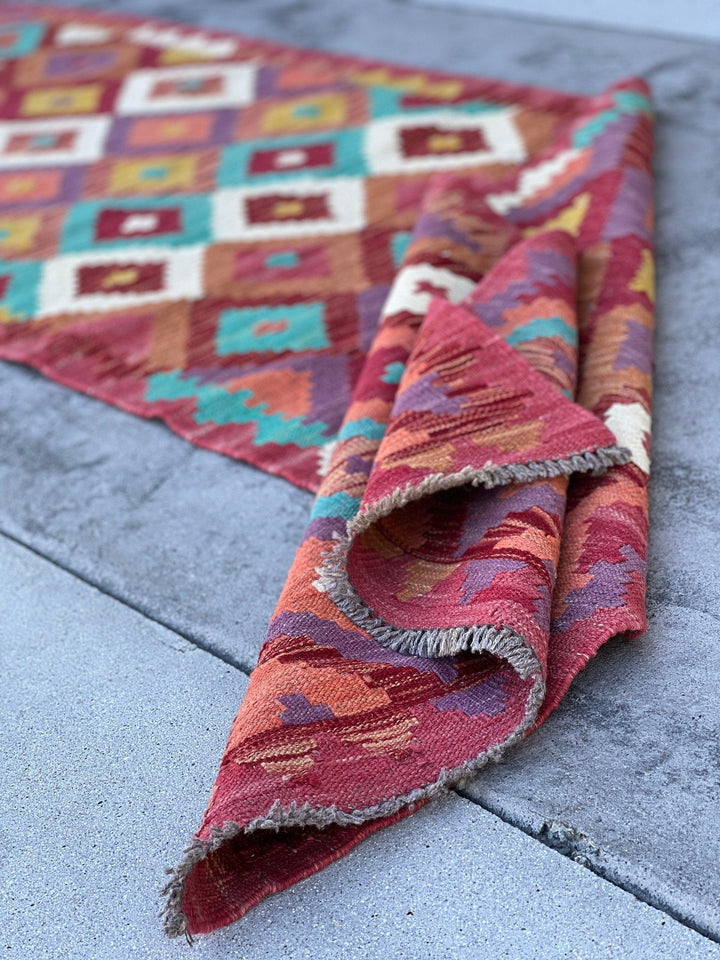 3x10 (90x305) Handmade Afghan Kilim Runner Rug | Maroon Lilac Purple Sky Blue Teal Salmon Pink Brown Mustard Yellow Coral | Flat Weave