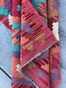 3x10 (90x305) Handmade Afghan Kilim Runner Rug | Maroon Lilac Purple Sky Blue Teal Salmon Pink Brown Mustard Yellow Coral | Flat Weave