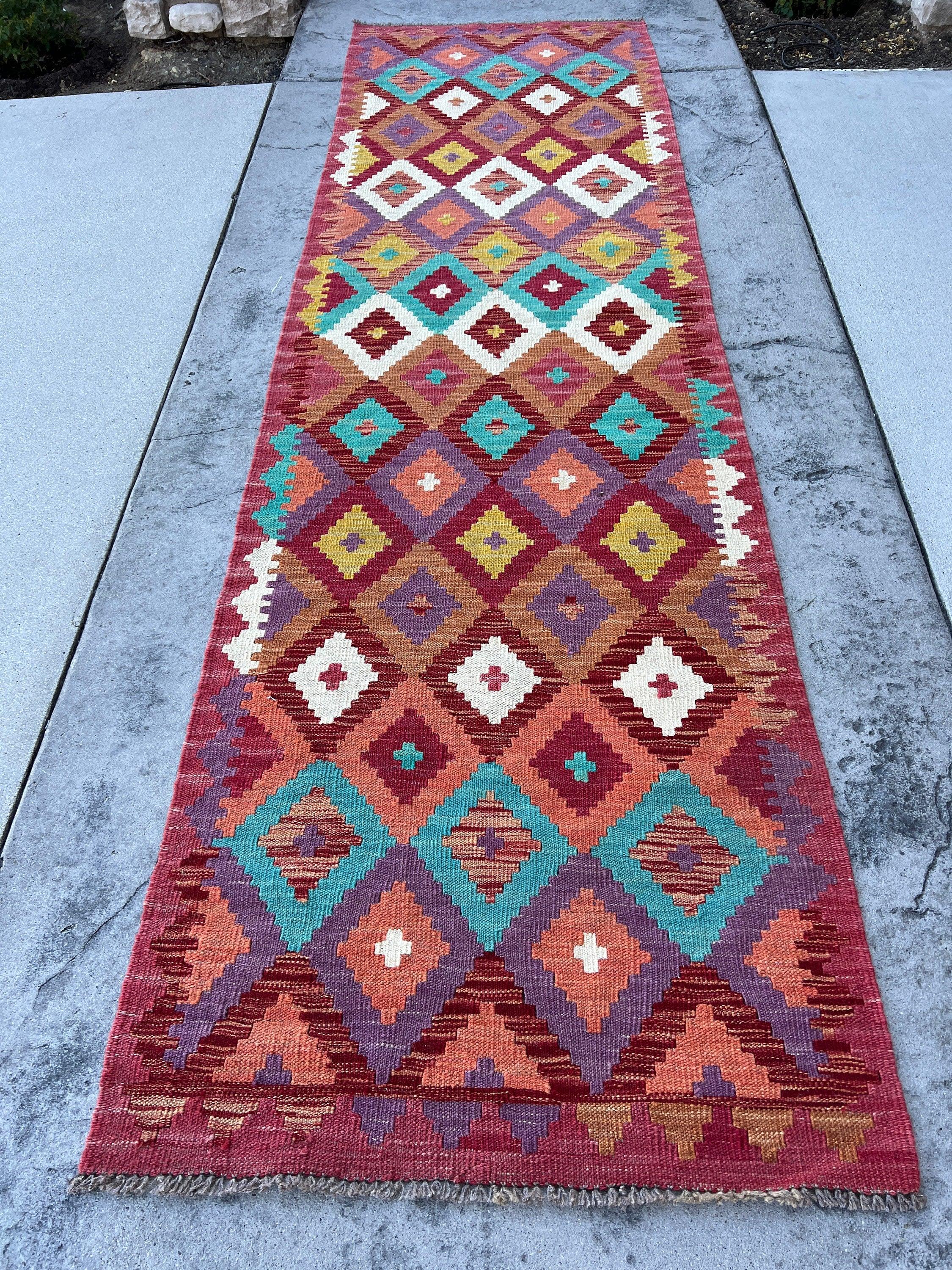 3x10 (90x305) Handmade Afghan Kilim Runner Rug | Maroon Lilac Purple Sky Blue Teal Salmon Pink Brown Mustard Yellow Coral | Flat Weave