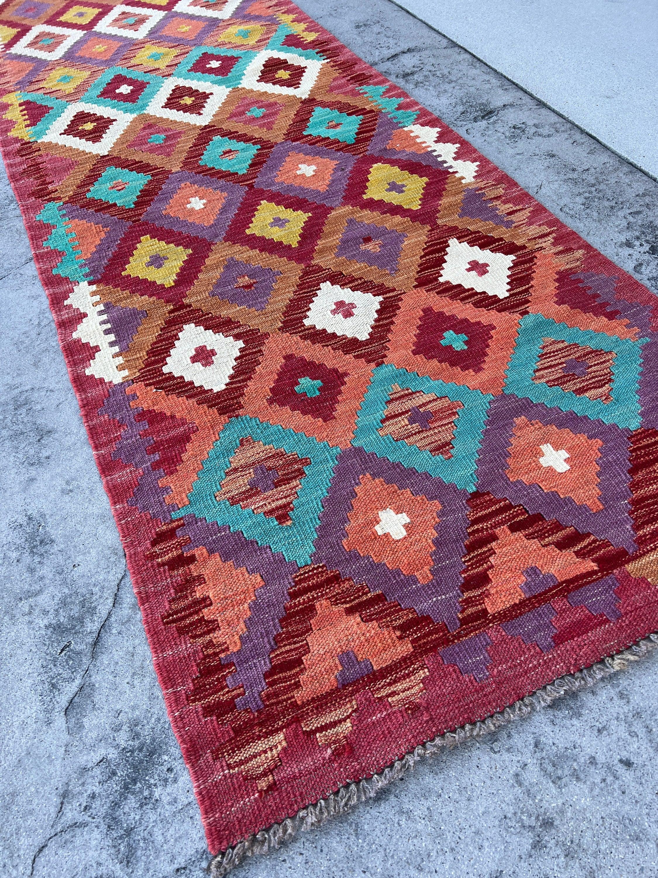 3x10 (90x305) Handmade Afghan Kilim Runner Rug | Maroon Lilac Purple Sky Blue Teal Salmon Pink Brown Mustard Yellow Coral | Flat Weave