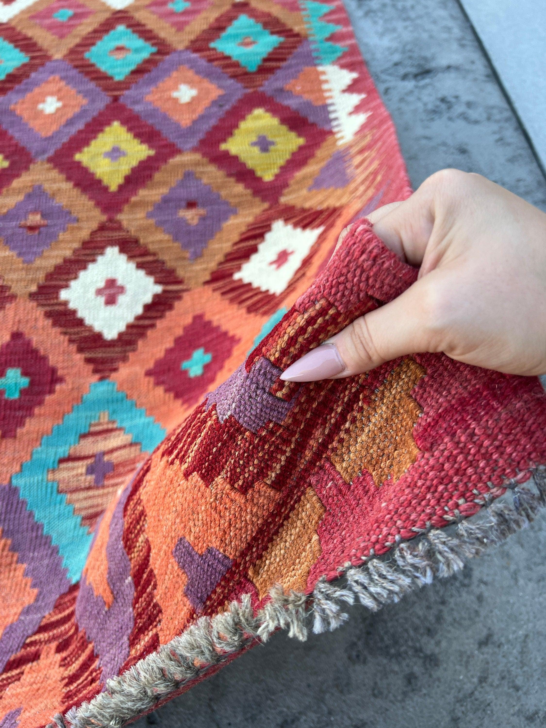 3x10 (90x305) Handmade Afghan Kilim Runner Rug | Maroon Lilac Purple Sky Blue Teal Salmon Pink Brown Mustard Yellow Coral | Flat Weave