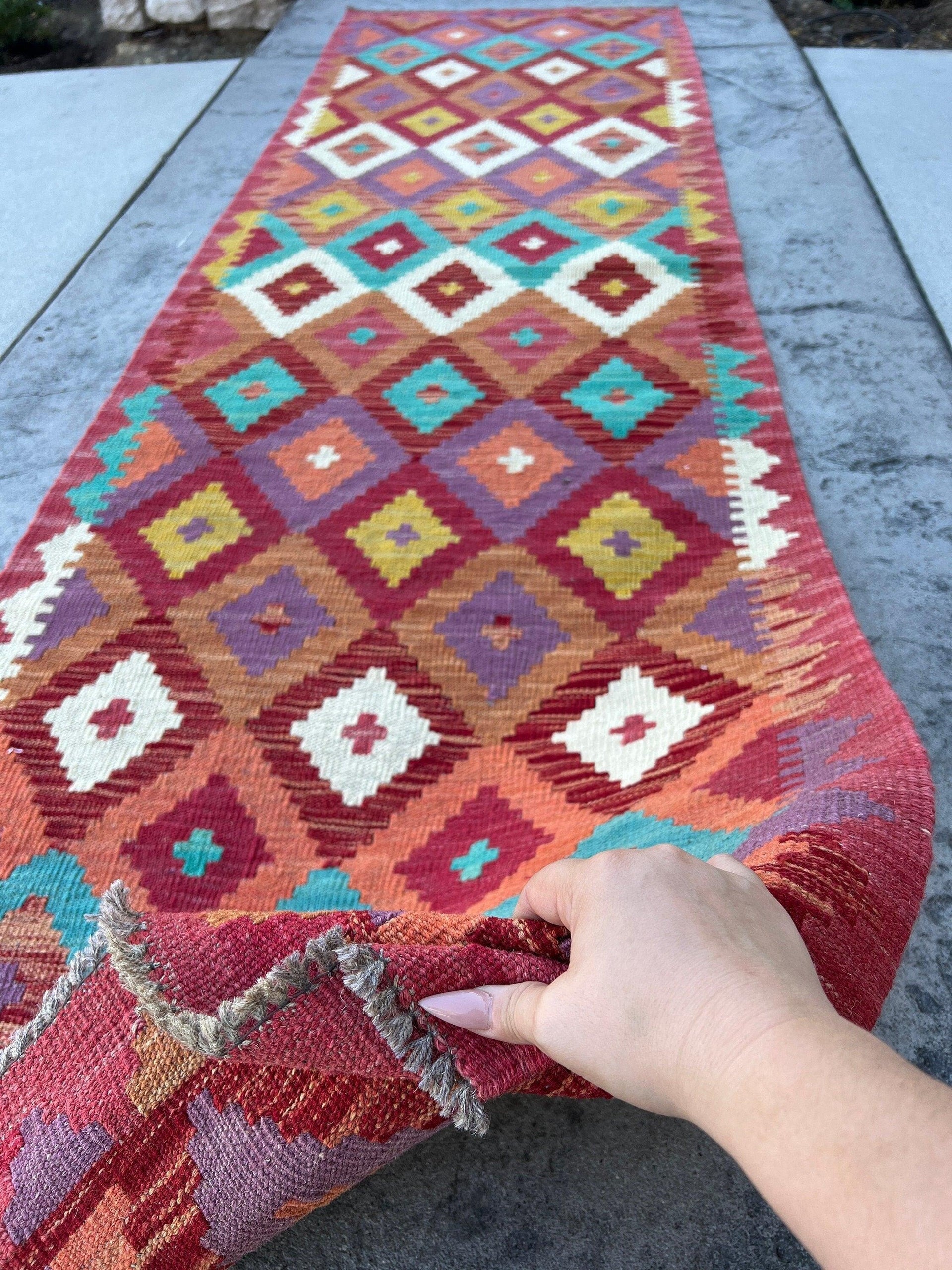 3x10 (90x305) Handmade Afghan Kilim Runner Rug | Maroon Lilac Purple Sky Blue Teal Salmon Pink Brown Mustard Yellow Coral | Flat Weave