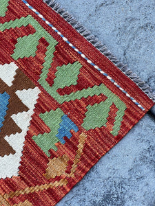 3x10 (90x305) Handmade Afghan Kilim Runner Rug | Burnt Orange Denim Blue Lime Green Chocolate Brown Mocha Brown Black Ivory White | Wool