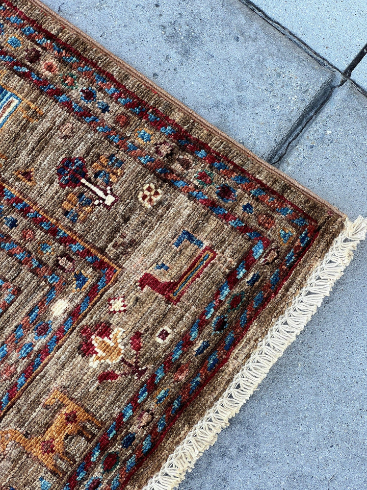 3x10 (90x305) Handmade Afghan Runner Rug | Chocolate Brown Caramel Orange Brick Red Beige Blue Cream | Gabbeh Animals Plants Trees Turkish