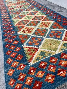 3x16 (90x490) Handmade Kilim Afghan Runner Rug | Teal Lime Green Burnt Orange Cream Beige Ivory Brick Red Blue | Flat Weave Tribal Nomadic