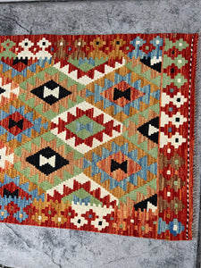 3x10 (90x305) Handmade Afghan Kilim Runner Rug | Red Blue Coral Black Ivory Beige Sky Blue Orange Lime Green Golden Brown| Geometric Wool