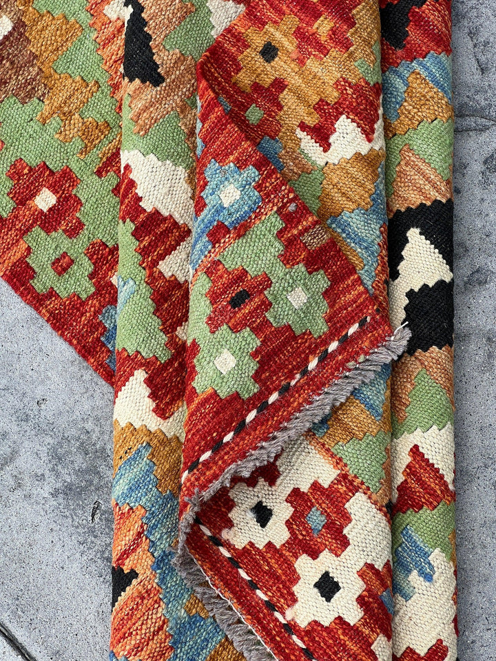 3x10 (90x305) Handmade Afghan Kilim Runner Rug | Red Blue Coral Black Ivory Beige Sky Blue Orange Lime Green Golden Brown| Geometric Wool