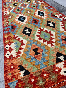 3x10 (90x305) Handmade Afghan Kilim Runner Rug | Red Blue Coral Black Ivory Beige Sky Blue Orange Lime Green Golden Brown| Geometric Wool