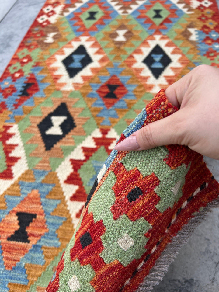 3x10 (90x305) Handmade Afghan Kilim Runner Rug | Red Blue Coral Black Ivory Beige Sky Blue Orange Lime Green Golden Brown| Geometric Wool