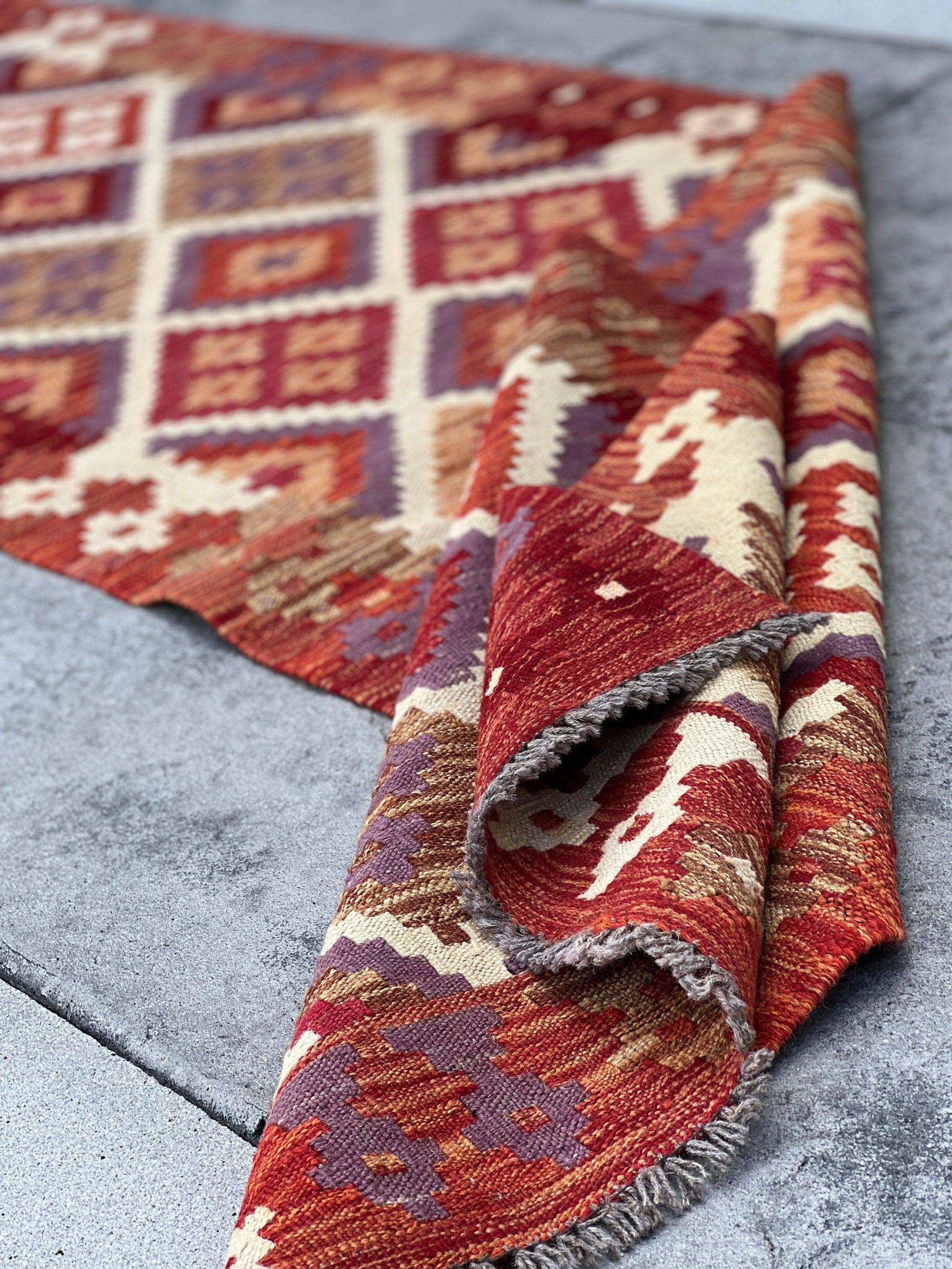 3x10 (90x305) Handmade Afghan Kilim Runner Rug | Red Chocolate Brown Cream Beige Violet Orange Maroon Mauve Brick Red | Geometric Wool