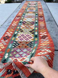 3x12 (90x365) Handmade Afghan Rug Runner | Orange Teal Grey Green Cream Beige Sky Blue Purple Black | Wool Hand Knotted  Outdoor Kilim