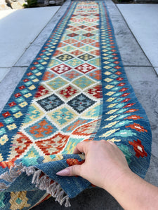 3x16 (90x490) Handmade Kilim Afghan Runner Rug | Blue Orange Teal Lime Green Charcoal Grey Burnt Orange | Flat Weave Tribal Nomadic Turkish