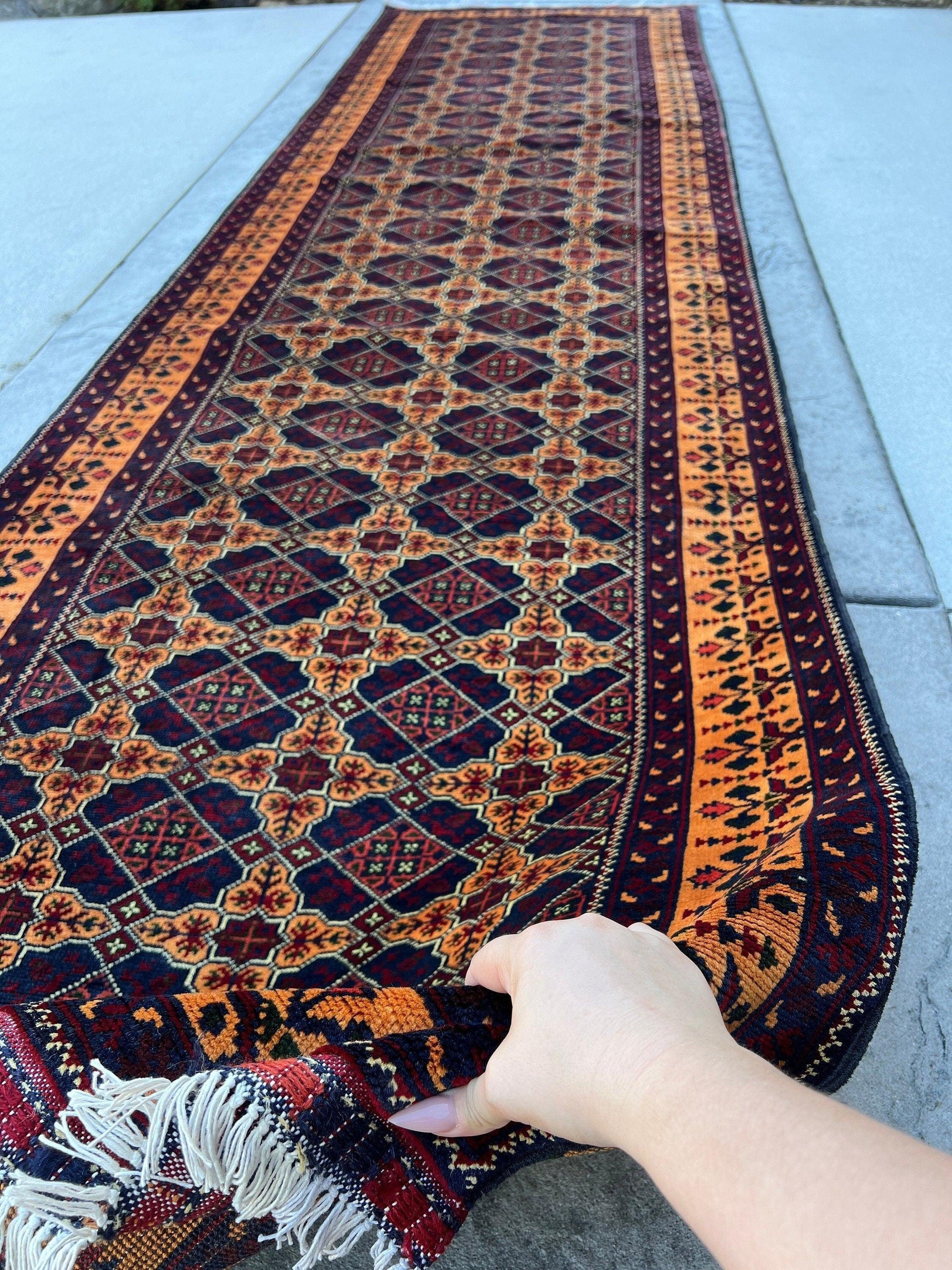 3x13 (90x395) Handmade Afghan Runner Rug | Orange Red Midnight Blue Fern Green Burnt Orange | Flatweave Tribal Oriental Boho