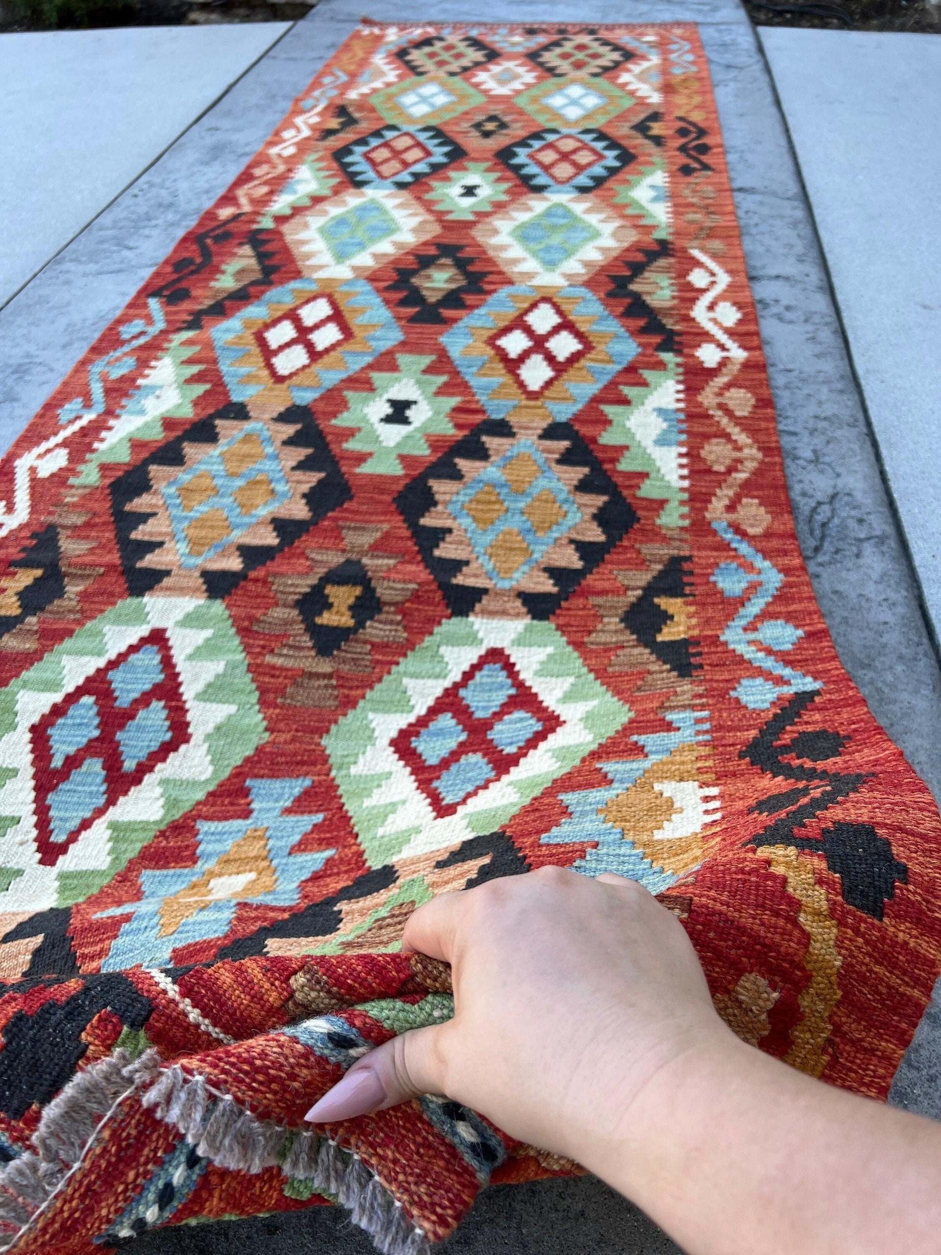3x10 (90x305) Handmade Afghan Kilim Runner Rug | Red Sky Blue Chocolate Brown Olive Green Orange | Flat Weave Turkish Moroccan Oriental Wool