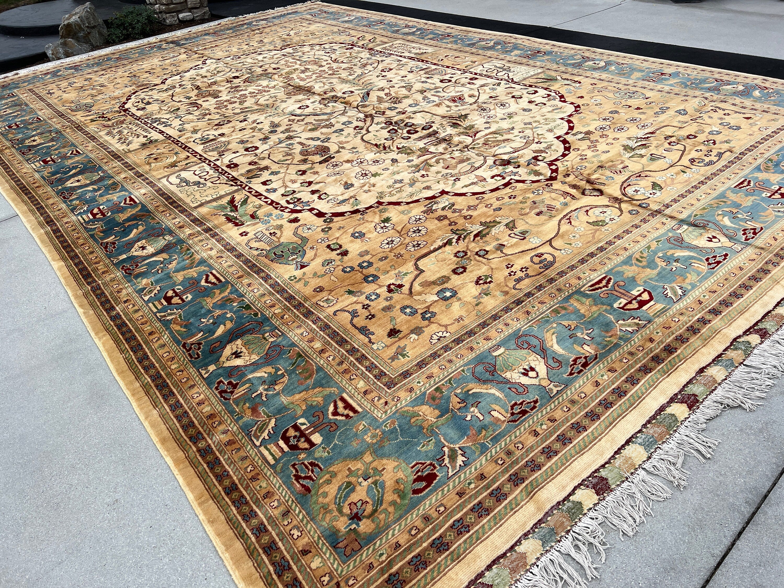 12x19 (365x580) Handmade Afghan Rug | Caramel Copper Beige Cream Baby Blue Chocolate Dark Brown Turquoise Garnet Red Moss Green | Knotted