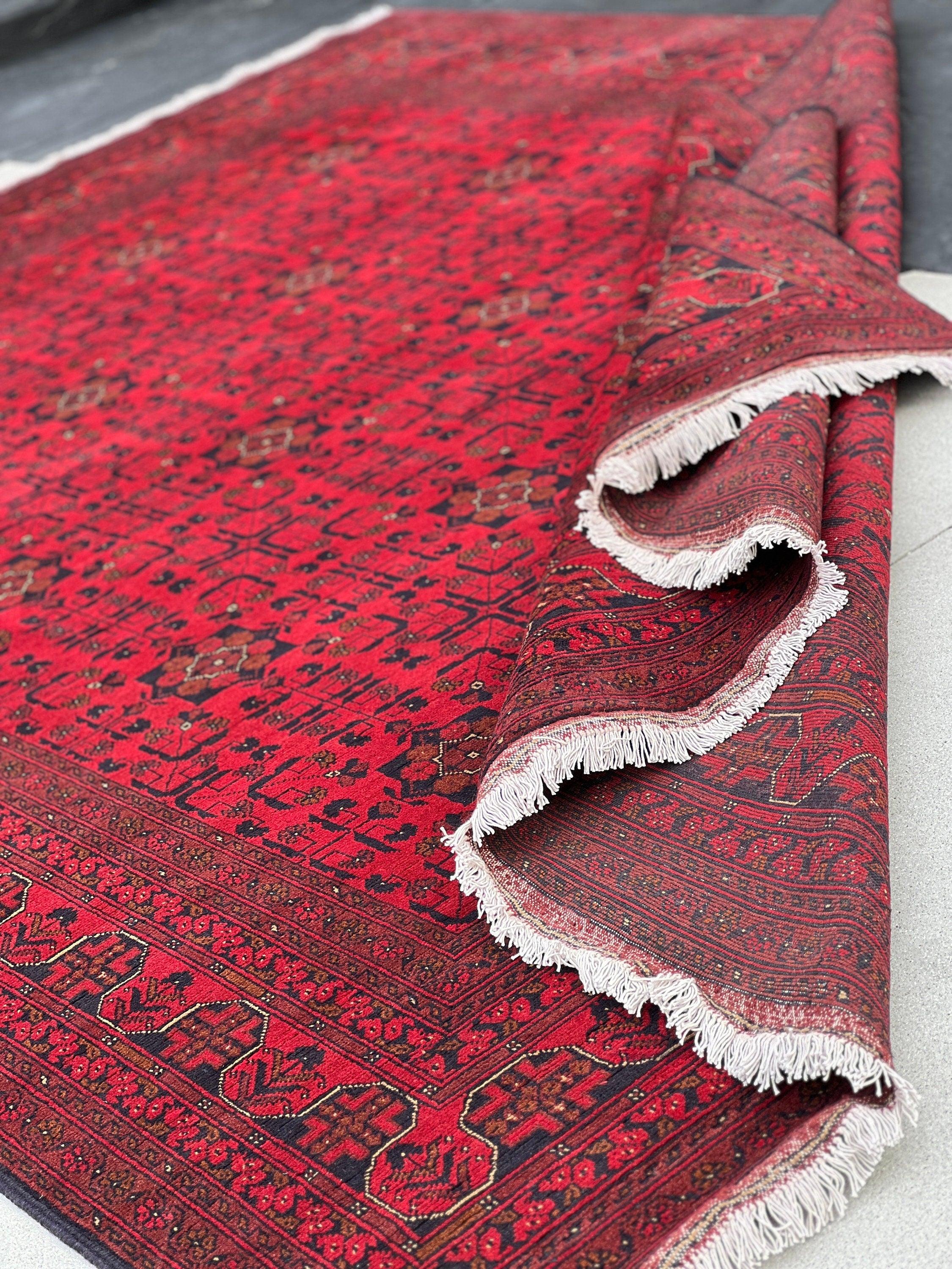 9x12 (270x365) Handmade Afghan Rug | Cherry Red Brick Red Black Burnt Orange Brown | Hand Knotted Oriental Turkish Wool Persian Floral Boho