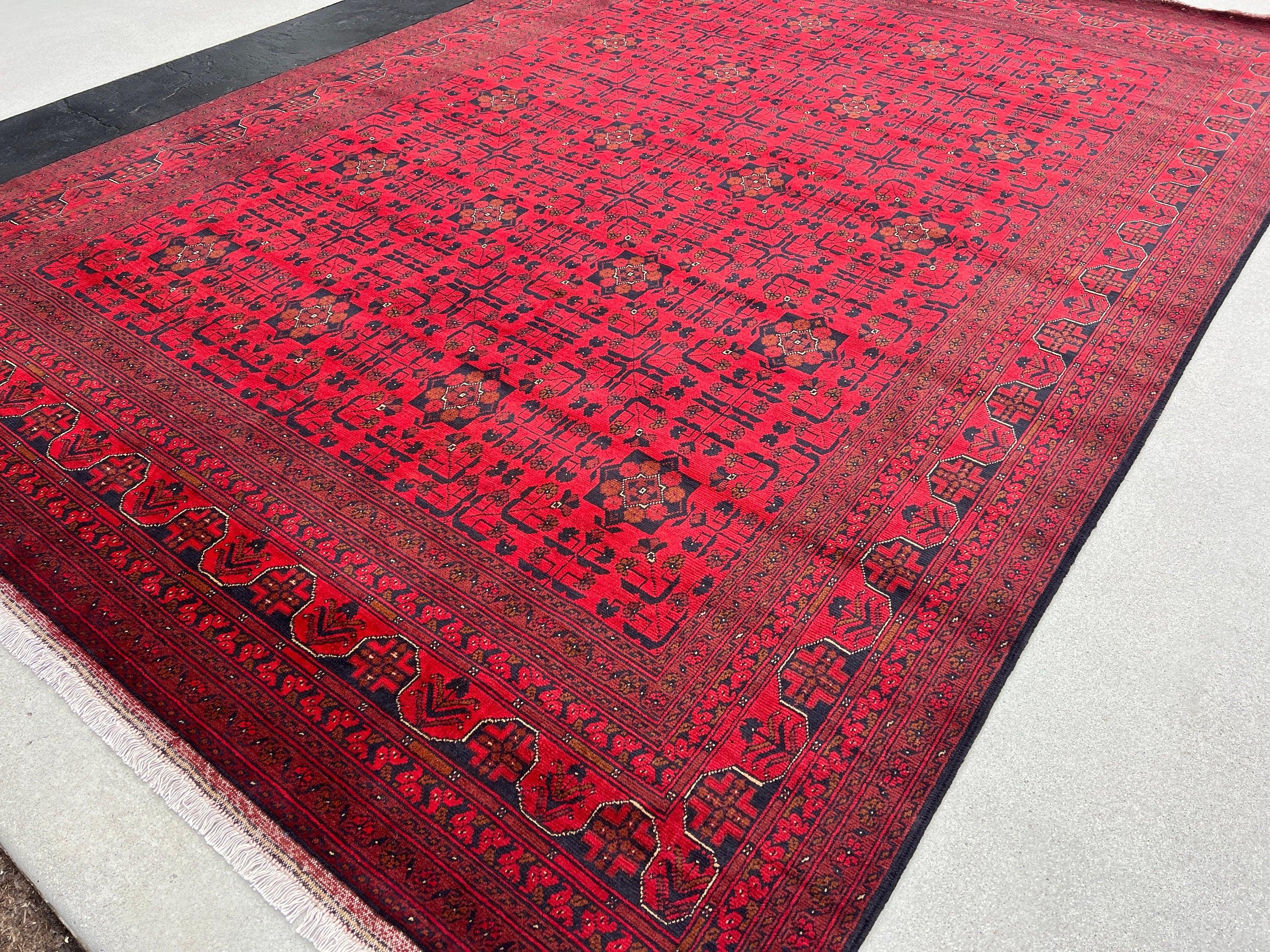 9x12 (270x365) Handmade Afghan Rug | Cherry Red Brick Red Black Burnt Orange Brown | Hand Knotted Oriental Turkish Wool Persian Floral Boho