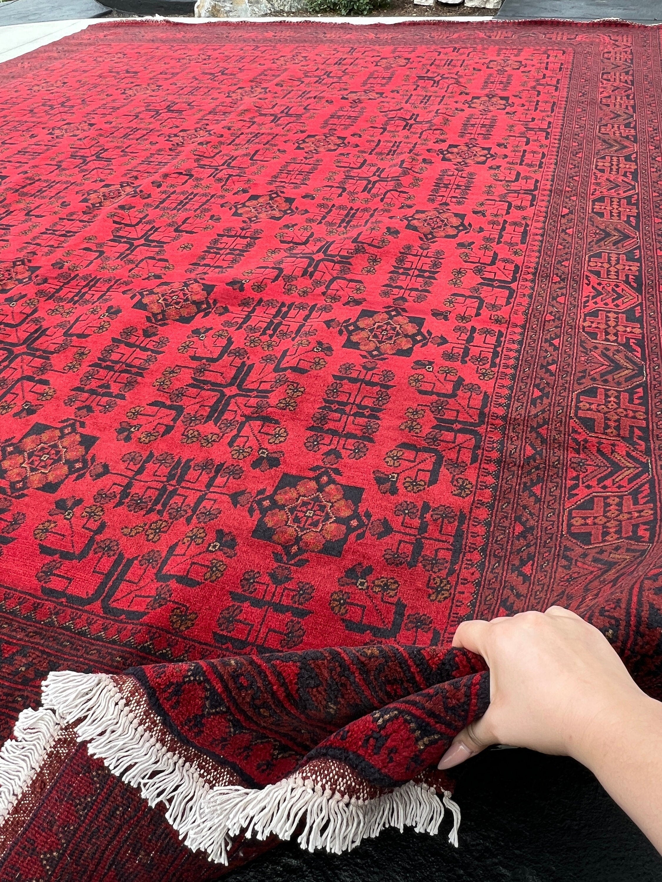 10x13 (305x365) Handmade Afghan Rug | Cherry Red Brick Red Black Burnt Orange Brown White | Heriz Turkish Hand Knotted Oushak Oriental Wool