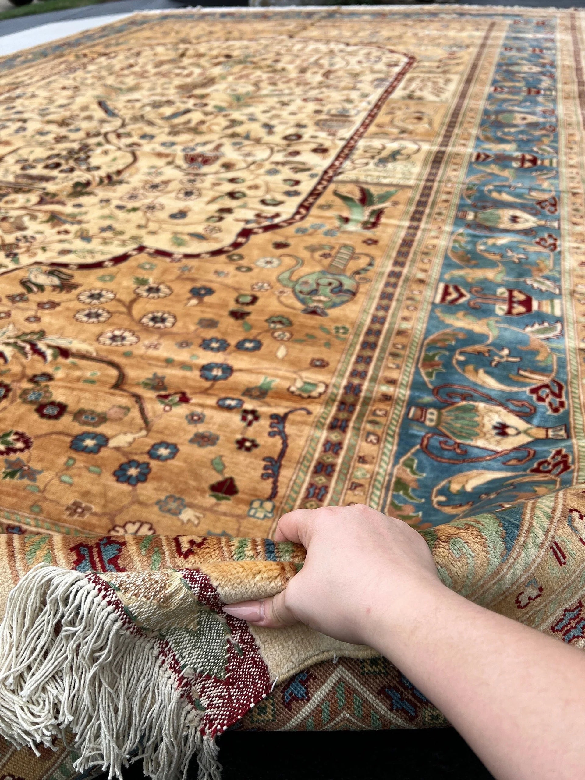 12x19 (365x580) Handmade Afghan Rug | Caramel Copper Beige Cream Baby Blue Chocolate Dark Brown Turquoise Garnet Red Moss Green | Knotted