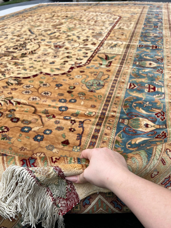 12x19 (365x580) Handmade Afghan Rug | Caramel Copper Beige Cream Baby Blue Chocolate Dark Brown Turquoise Garnet Red Moss Green | Knotted