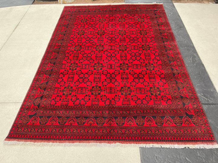 8x12 (245x365) Handmade Afghan Rug | Cherry Red Brick Red Black Burnt Orange Beige Ivory | Hand Knotted Oriental Turkish Wool Persian Floral