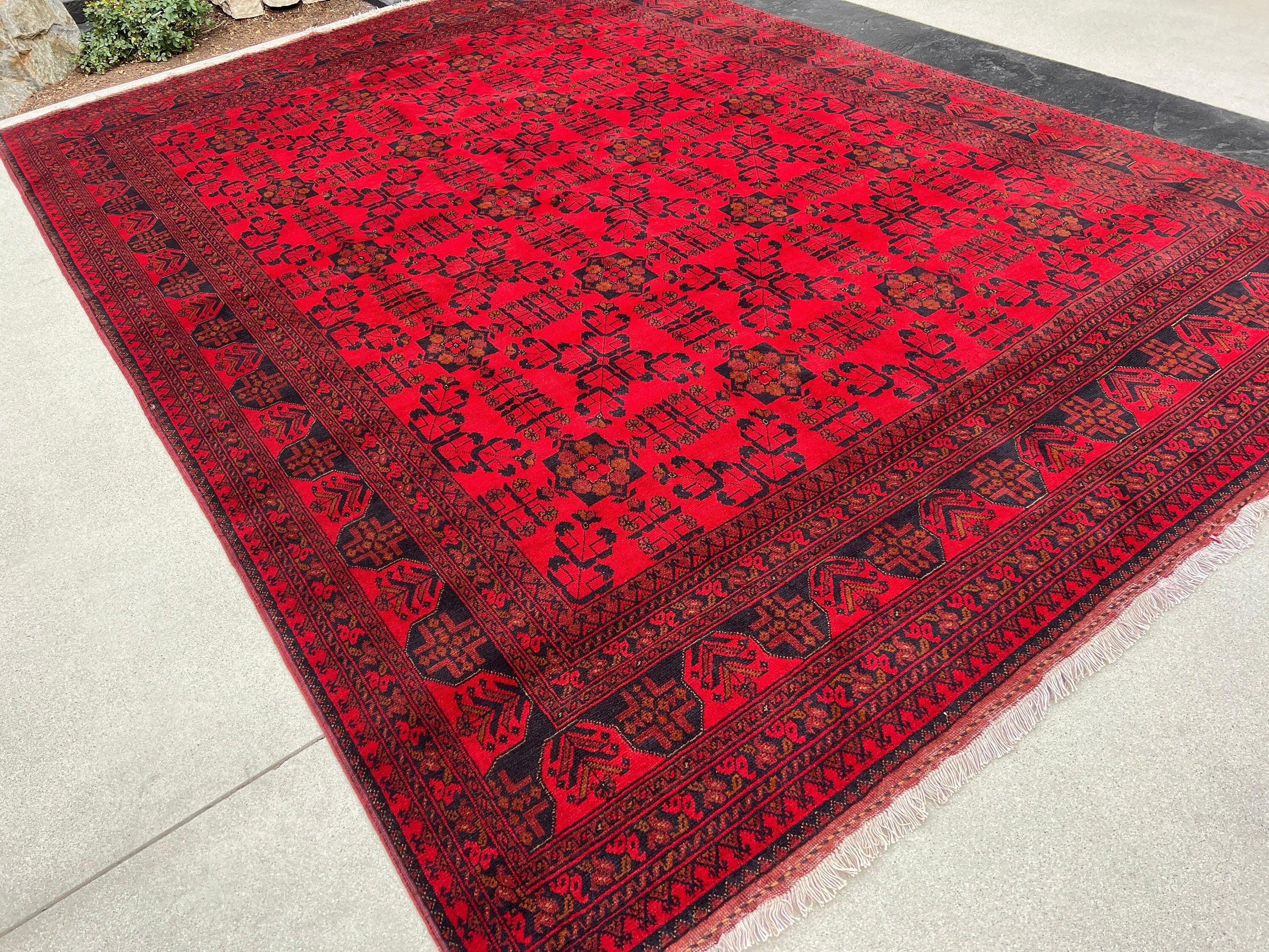 8x12 (245x365) Handmade Afghan Rug | Cherry Red Brick Red Black Burnt Orange Beige Ivory | Hand Knotted Oriental Turkish Wool Persian Floral