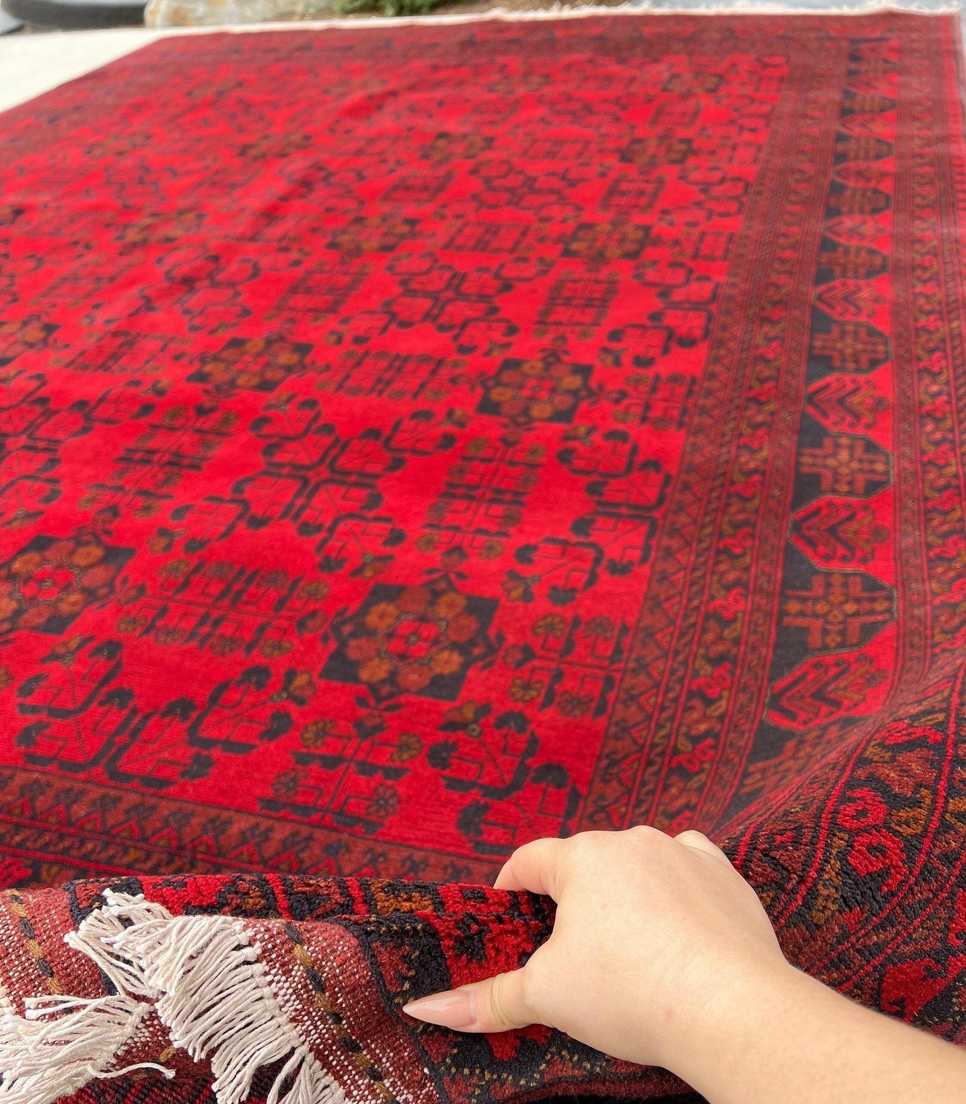 8x12 (245x365) Handmade Afghan Rug | Cherry Red Brick Red Black Burnt Orange Beige Ivory | Hand Knotted Oriental Turkish Wool Persian Floral