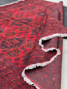 9x12 (270x365) Fair Trade Handmade Afghan Rug | Brick Cherry Red Black Burnt Orange Caramel Brown White | Hand Knotted Turkish Persian Wool