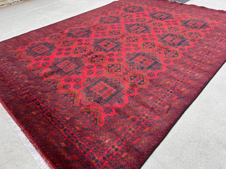 9x12 (270x365) Fair Trade Handmade Afghan Rug | Brick Cherry Red Black Burnt Orange Caramel Brown White | Hand Knotted Turkish Persian Wool