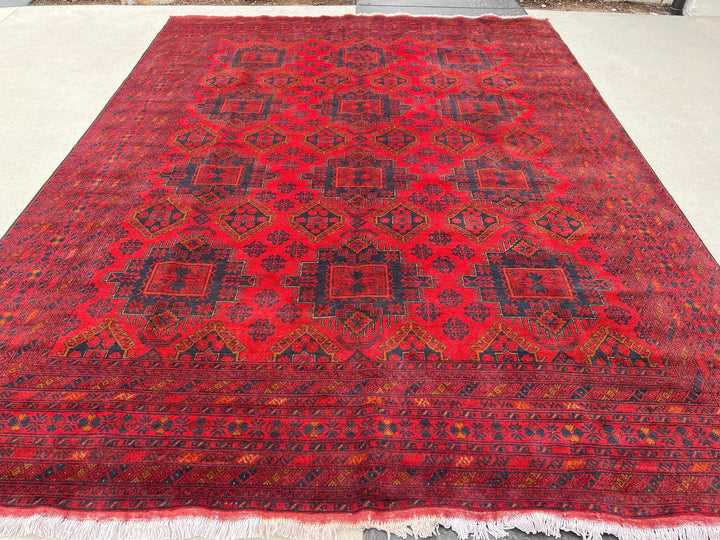 9x12 (270x365) Fair Trade Handmade Afghan Rug | Brick Cherry Red Black Burnt Orange Caramel Brown White | Hand Knotted Turkish Persian Wool