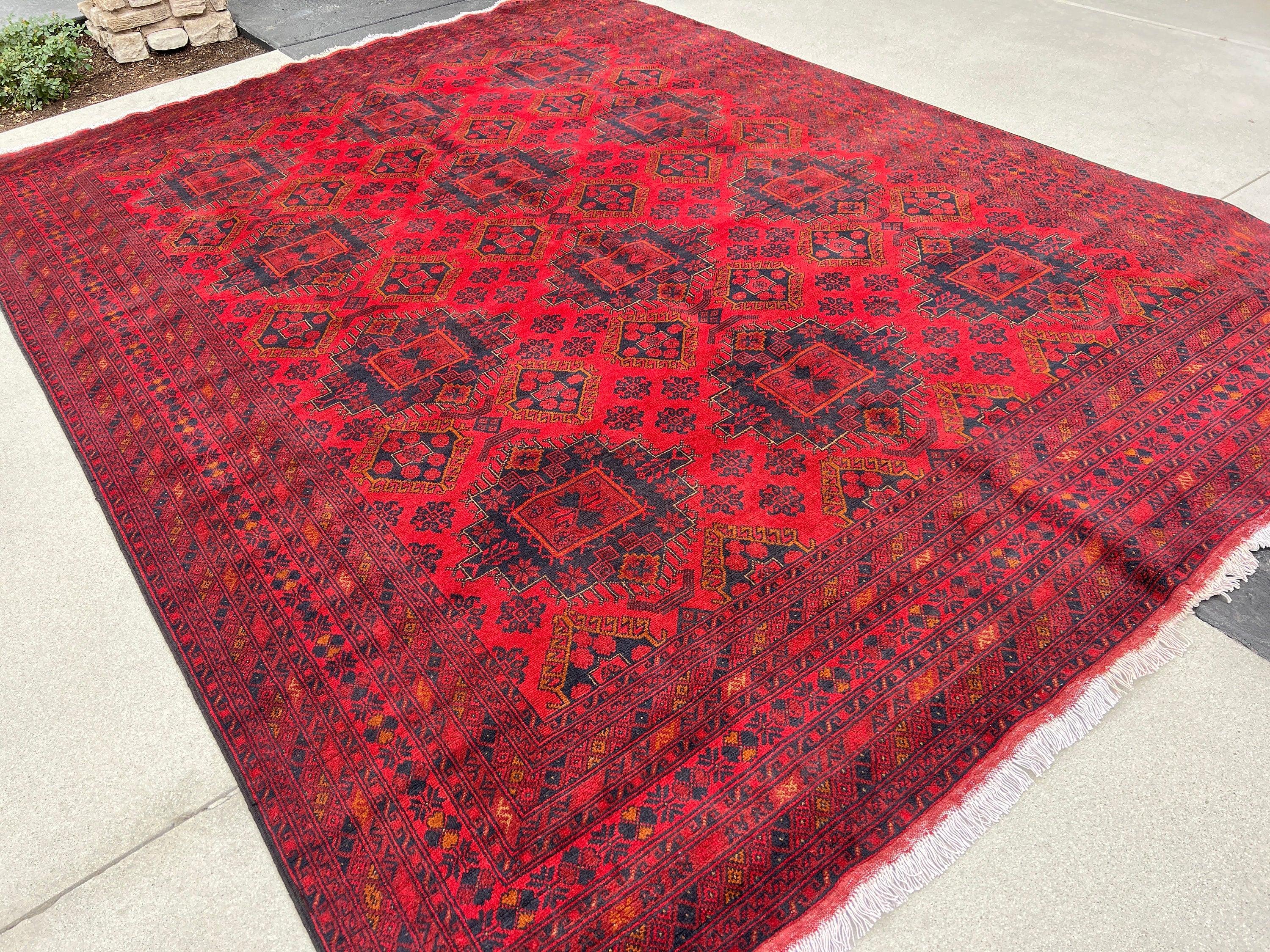 9x12 (270x365) Fair Trade Handmade Afghan Rug | Brick Cherry Red Black Burnt Orange Caramel Brown White | Hand Knotted Turkish Persian Wool