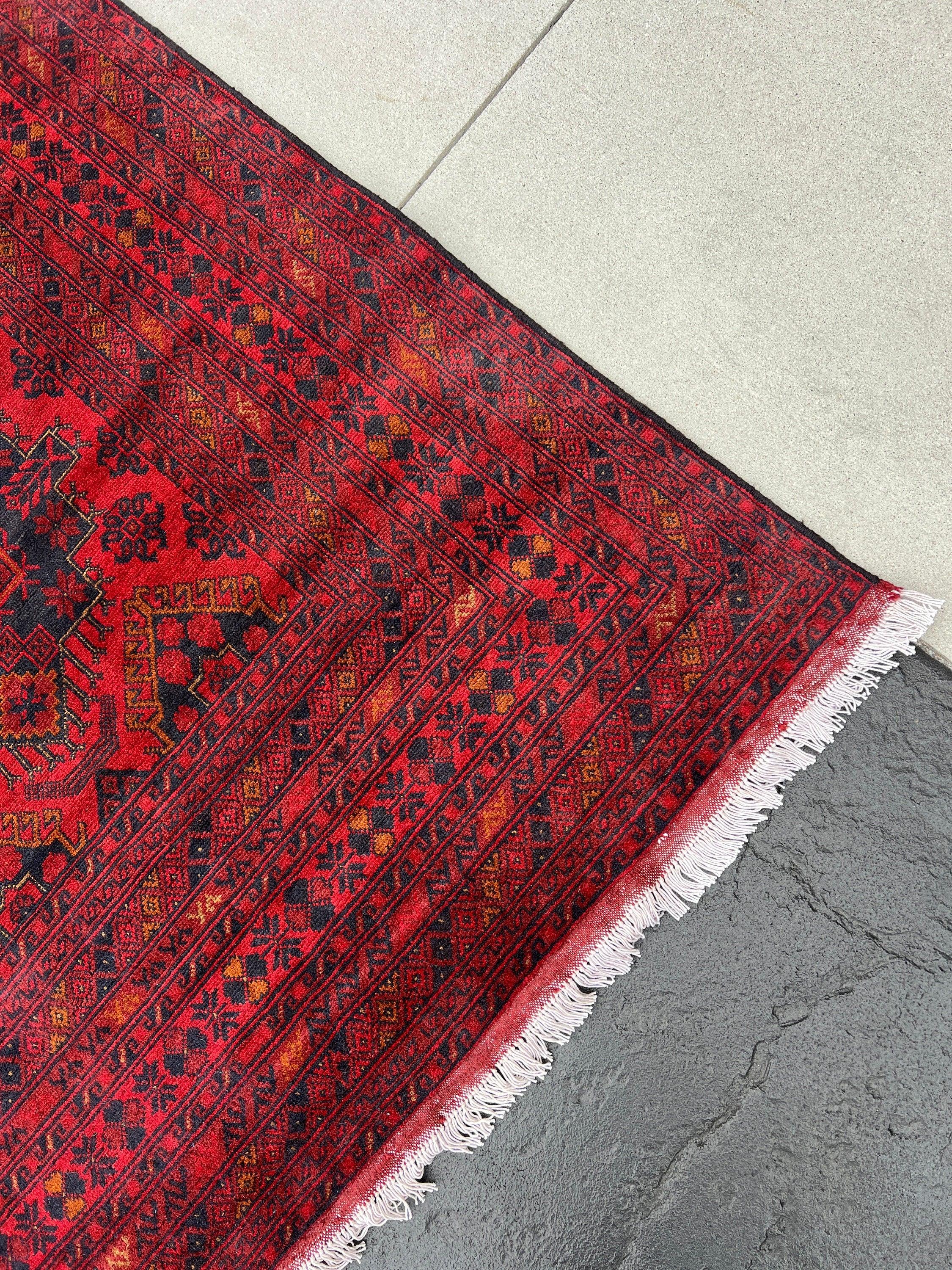 9x12 (270x365) Fair Trade Handmade Afghan Rug | Brick Cherry Red Black Burnt Orange Caramel Brown White | Hand Knotted Turkish Persian Wool