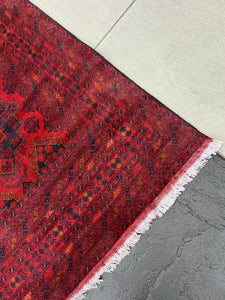 9x12 (270x365) Fair Trade Handmade Afghan Rug | Brick Cherry Red Black Burnt Orange Caramel Brown White | Hand Knotted Turkish Persian Wool