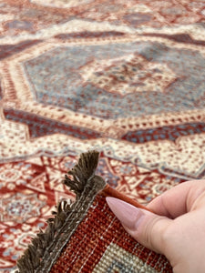 8x10 (245x305) Fair Trade Handmade Afghan Rug | Crimson Red Denim Blue Ivory Cream Beige | Hand Knotted Turkish Oushak Persian Oriental