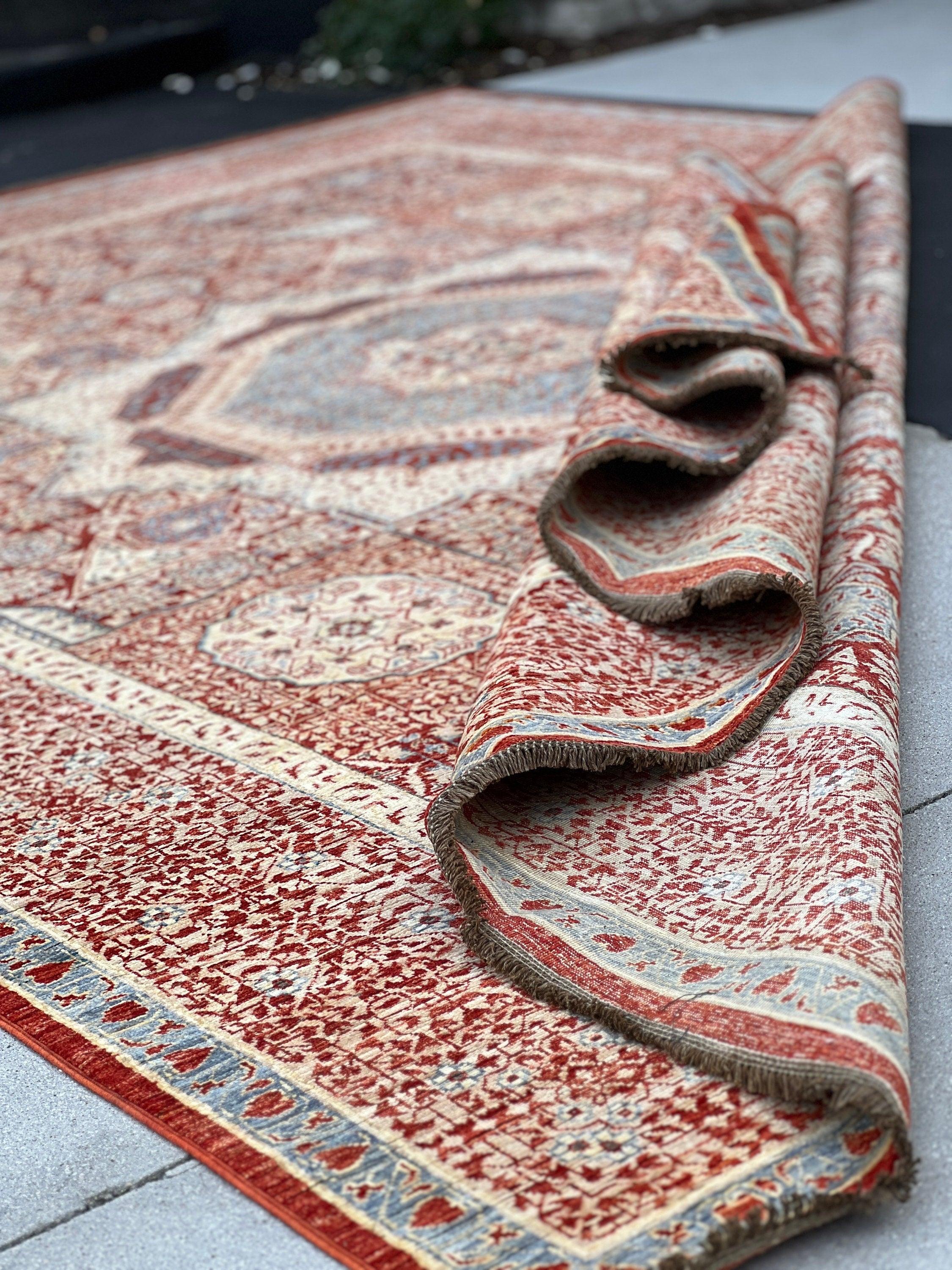 8x10 (245x305) Fair Trade Handmade Afghan Rug | Crimson Red Denim Blue Ivory Cream Beige | Hand Knotted Turkish Oushak Persian Oriental