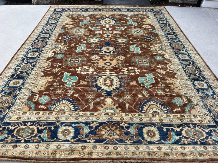 9x12 Fair Trade Handmade Afghan Rug | Chocolate Caramel Mocha Brown Navy Blue Turquoise Beige | Turkish Oushak Hand Knotted Wool Boho Tribal