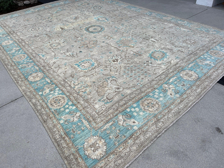 10x13 Fair Trade Handmade Afghan Rug | Muted Neutral Pastel Light Warm Grey Charcoal Teal Tan Brown Turquoise | Knotted Oushak Persian