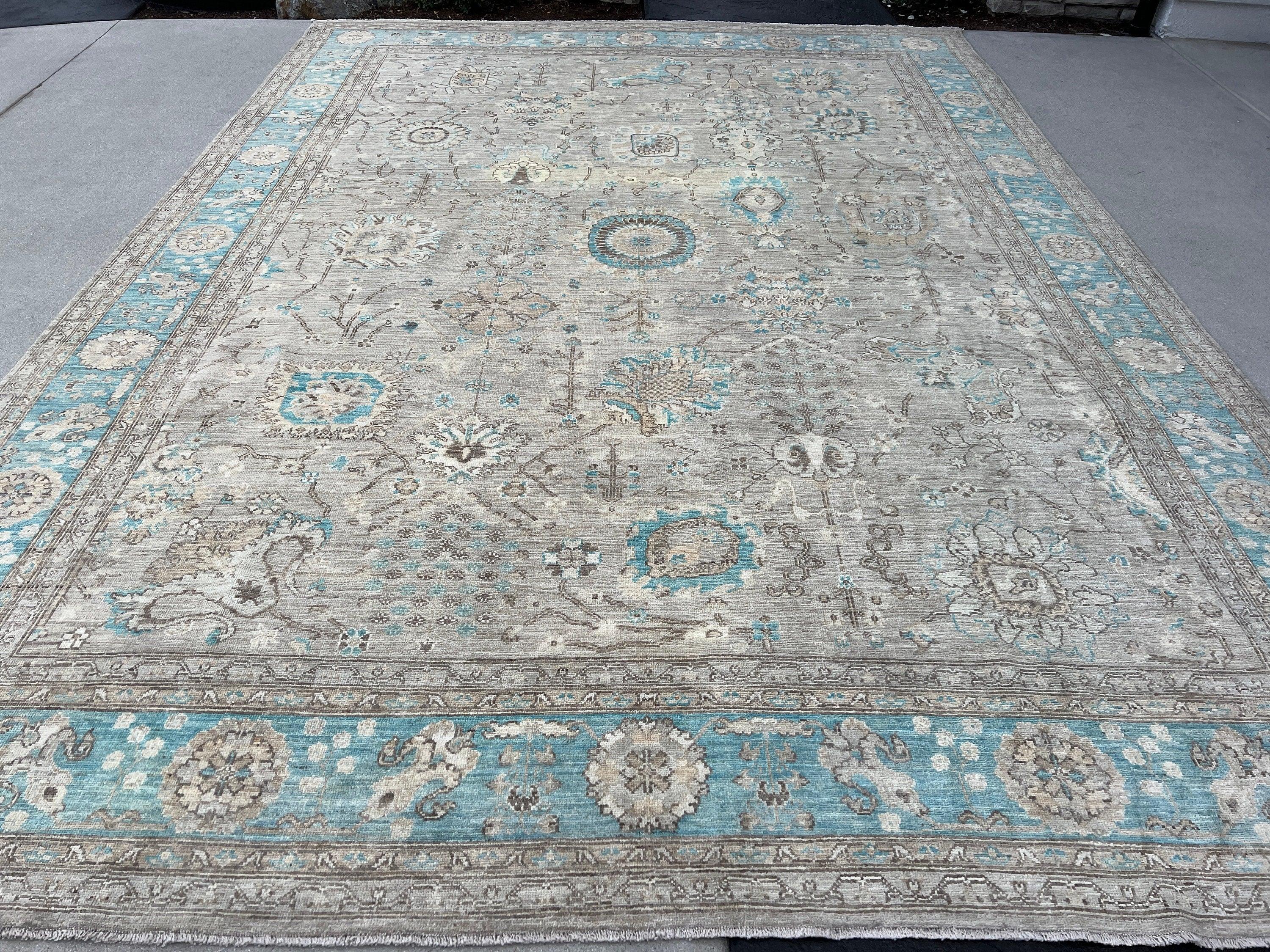 10x13 Fair Trade Handmade Afghan Rug | Muted Neutral Pastel Light Warm Grey Charcoal Teal Tan Brown Turquoise | Knotted Oushak Persian