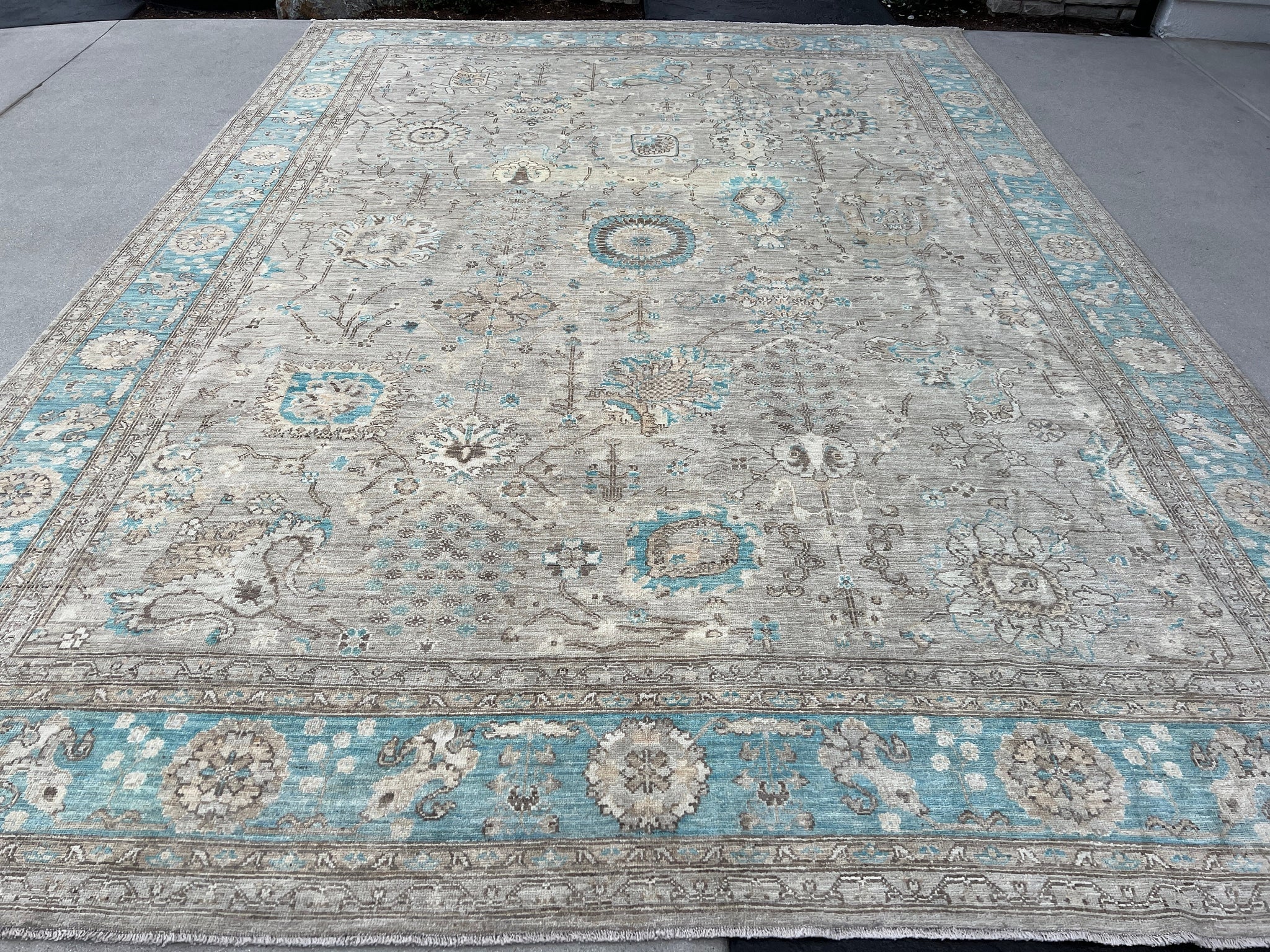 10x13 Fair Trade Handmade Afghan Rug | Muted Neutral Pastel Light Warm Grey Charcoal Teal Tan Brown Turquoise | Knotted Oushak Persian