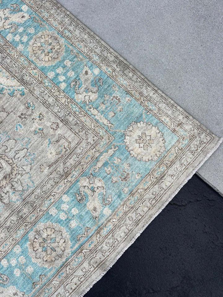 10x13 Fair Trade Handmade Afghan Rug | Muted Neutral Pastel Light Warm Grey Charcoal Teal Tan Brown Turquoise | Knotted Oushak Persian