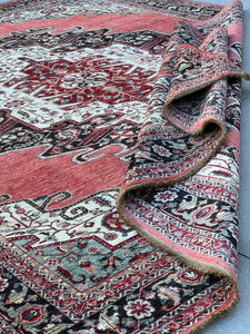 9x12 Fair Trade Handmade Afghan Rug | Blush Pink Crimson Brick Red Dark Charcoal Brown Black Cream Sky Blue Teal Green Ivory Light Grey