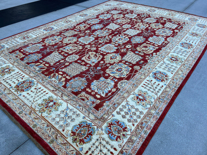 9x13 (275x395) Fair Trade Handmade Afghan Rug | Crimson Red Beige Cream Blue Ivory Gold Brown | Turkish Persian Hand Knotted Oriental Wool