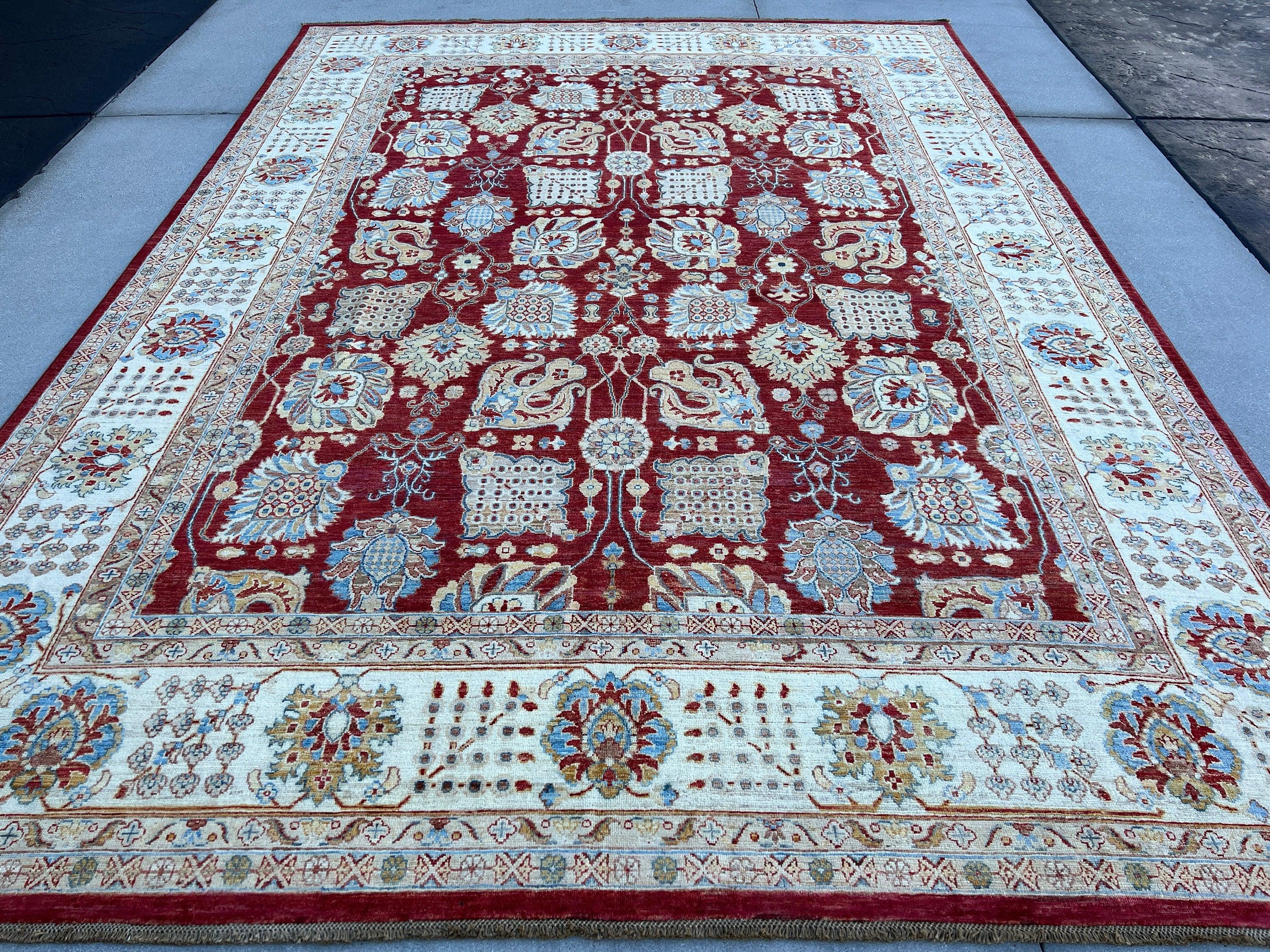 9x13 (275x395) Fair Trade Handmade Afghan Rug | Crimson Red Beige Cream Blue Ivory Gold Brown | Turkish Persian Hand Knotted Oriental Wool