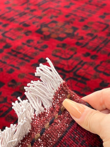 8x12 (270x365) Fair Trade Handmade Afghan Rug | Brick Cherry Red Black Burnt Orange Chocolate Brown White | Hand Knotted Turkish Persian
