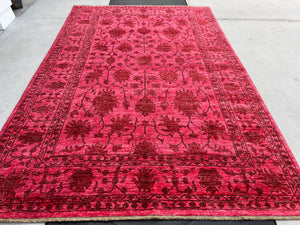 7x11 (215x305) Fair Trade Handmade Afghan Rug | Ruby Red Crimson Red Black Tan Beige | Hand Knotted Oriental Turkish Wool Persian Floral