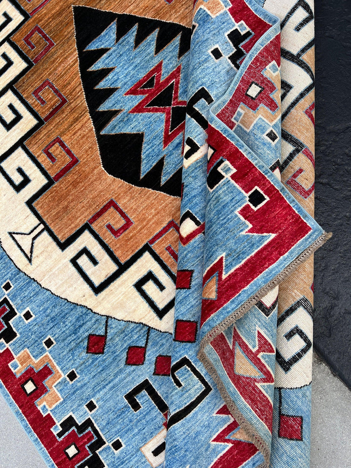 6x10 - 7x10 Fair Trade Handmade Afghan Rug | Demin Blue Light Blue Ivory Cream Caramel Red Copper Brown Beige Black | Wool Hand Knotted Boho